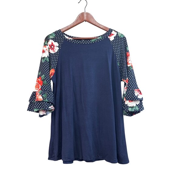 Cool Melon Navy Floral & Polka Dot Bell Sleeve Top Womens - Picture 1 of 6